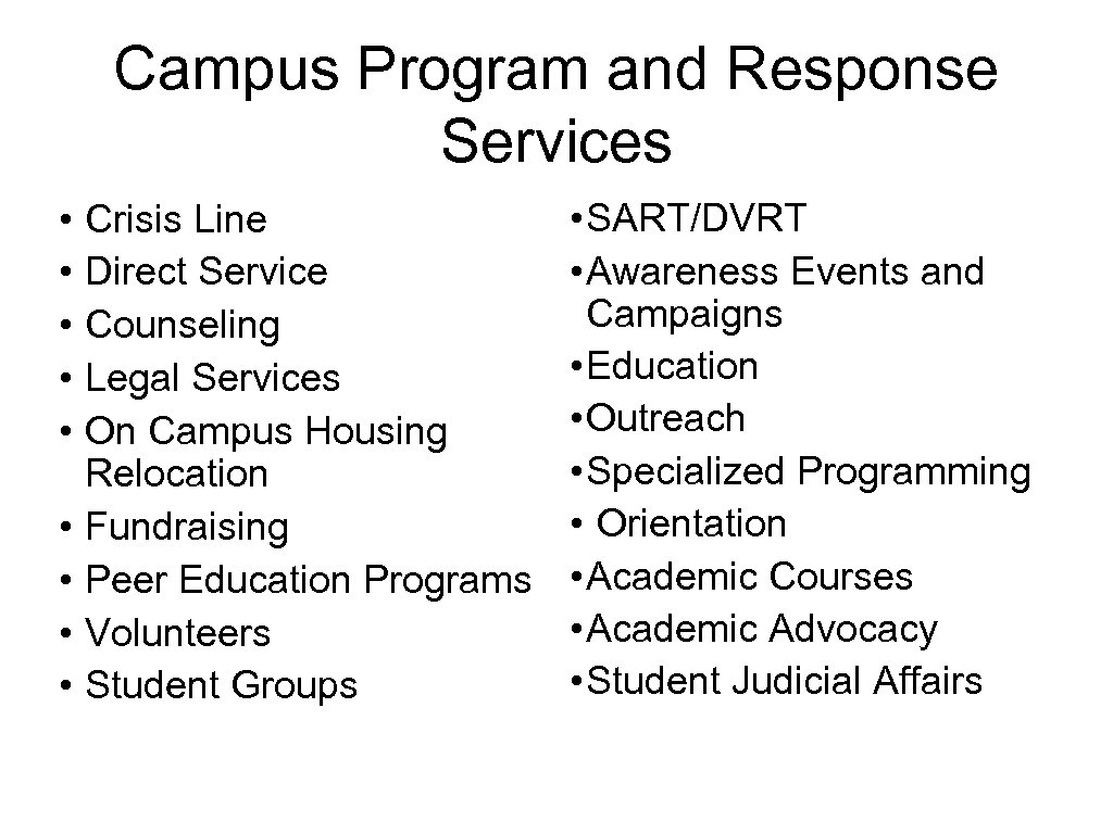 Campus Program and Response Services • • • Crisis Line Direct Service Counseling Legal