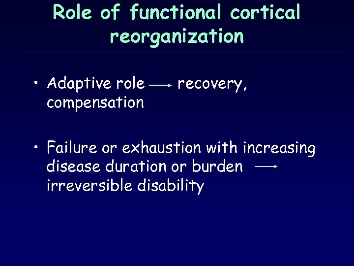 Role of functional cortical reorganization • Adaptive role compensation recovery, • Failure or exhaustion