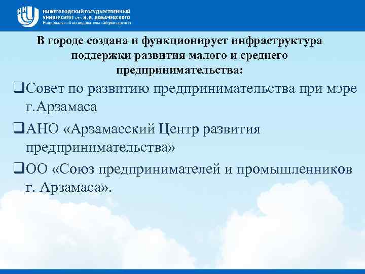 В городе создана и функционирует инфраструктура поддержки развития малого и среднего предпринимательства: q. Совет