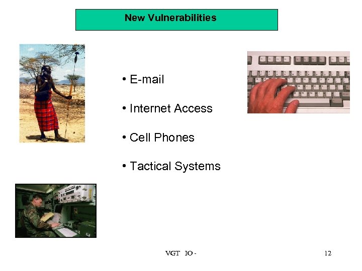 New Vulnerabilities • E-mail • Internet Access • Cell Phones • Tactical Systems VGT