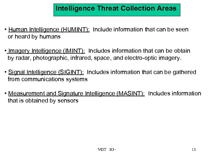 Intelligence Threat Collection Areas • Human Intelligence (HUMINT): Include information that can be seen