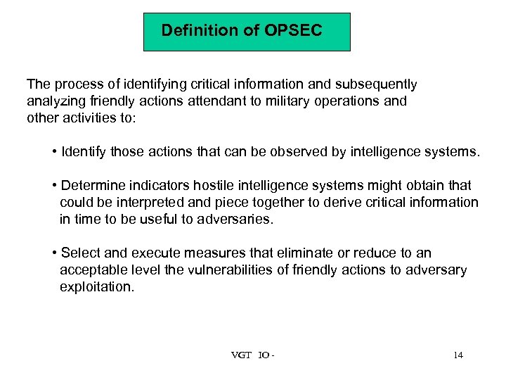 Definition of OPSEC The process of identifying critical information and subsequently analyzing friendly actions