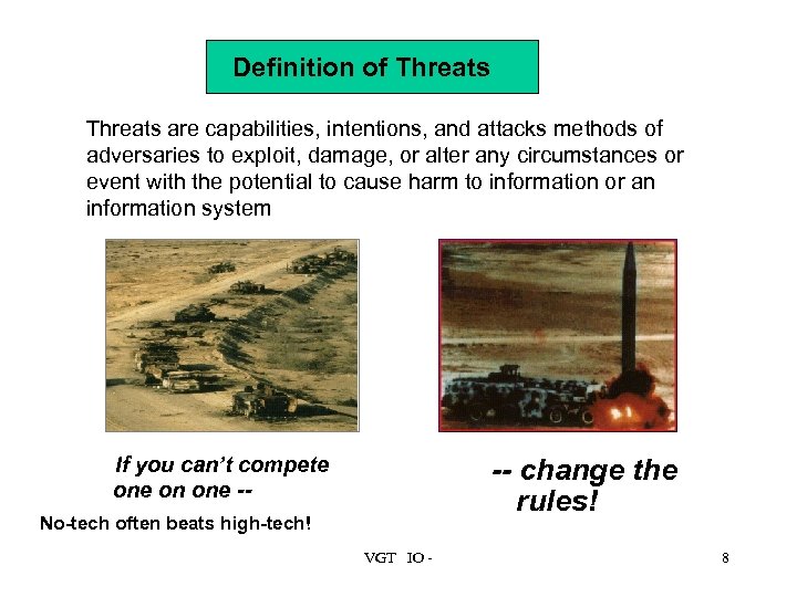 Definition of Threats are capabilities, intentions, and attacks methods of adversaries to exploit, damage,