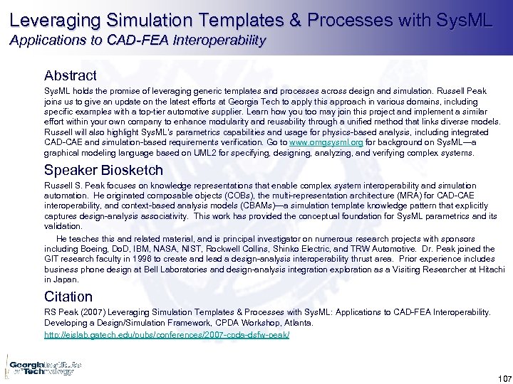 Leveraging Simulation Templates & Processes with Sys. ML Applications to CAD-FEA Interoperability Abstract Sys.