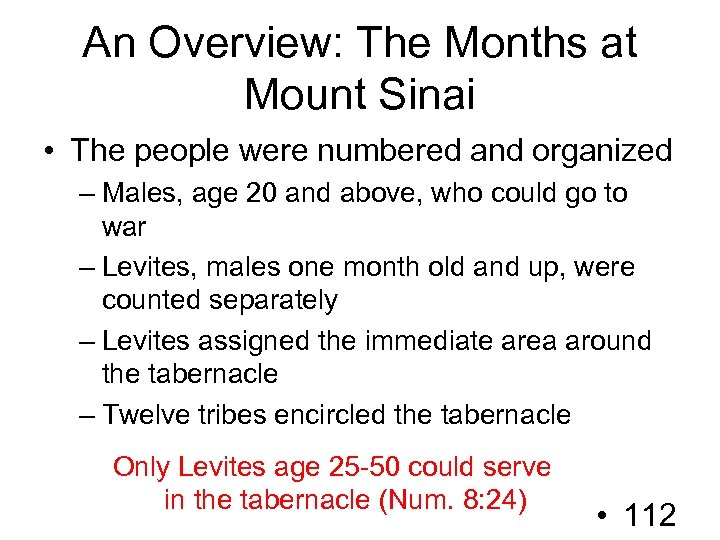 An Overview: The Months at Mount Sinai • The people were numbered and organized