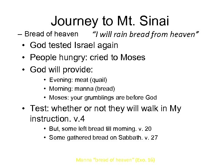 Journey to Mt. Sinai “I will rain bread from heaven” • God tested Israel