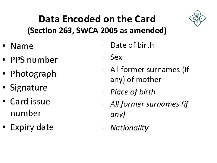 Data Encoded on the Card (Section 263, SWCA 2005 as amended) Name PPS number