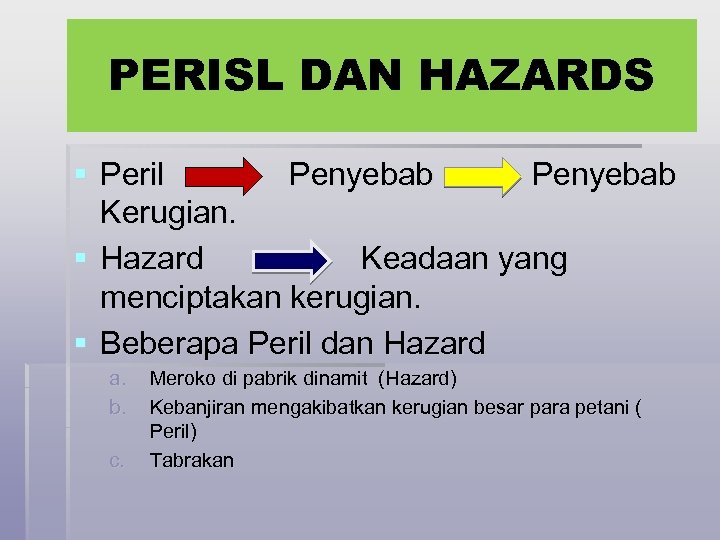 PERISL DAN HAZARDS § Peril Penyebab Kerugian. § Hazard Keadaan yang menciptakan kerugian. §