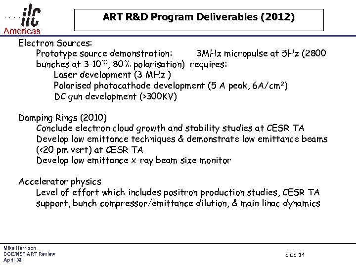 ART R&D Program Deliverables (2012) Americas Electron Sources: Prototype source demonstration: 3 MHz micropulse