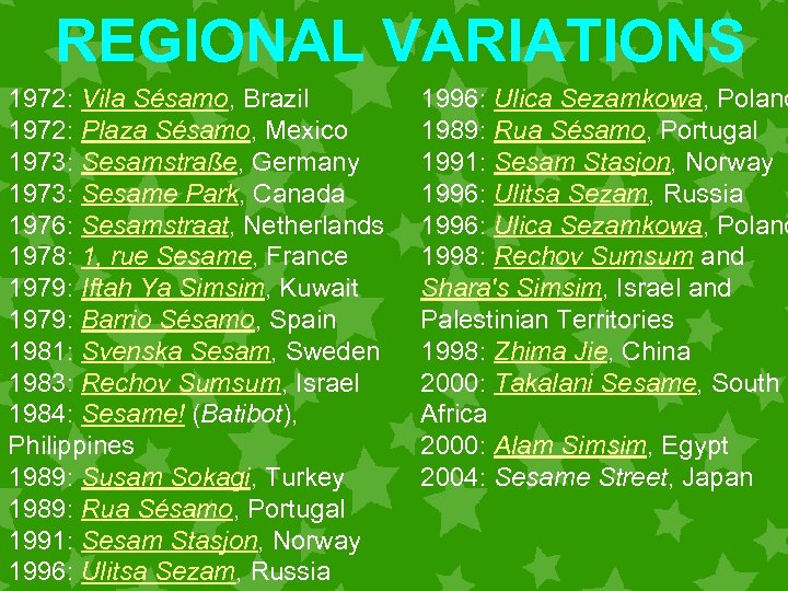 REGIONAL VARIATIONS 1972: Vila Sésamo, Brazil 1972: Plaza Sésamo, Mexico 1973: Sesamstraße, Germany 1973: