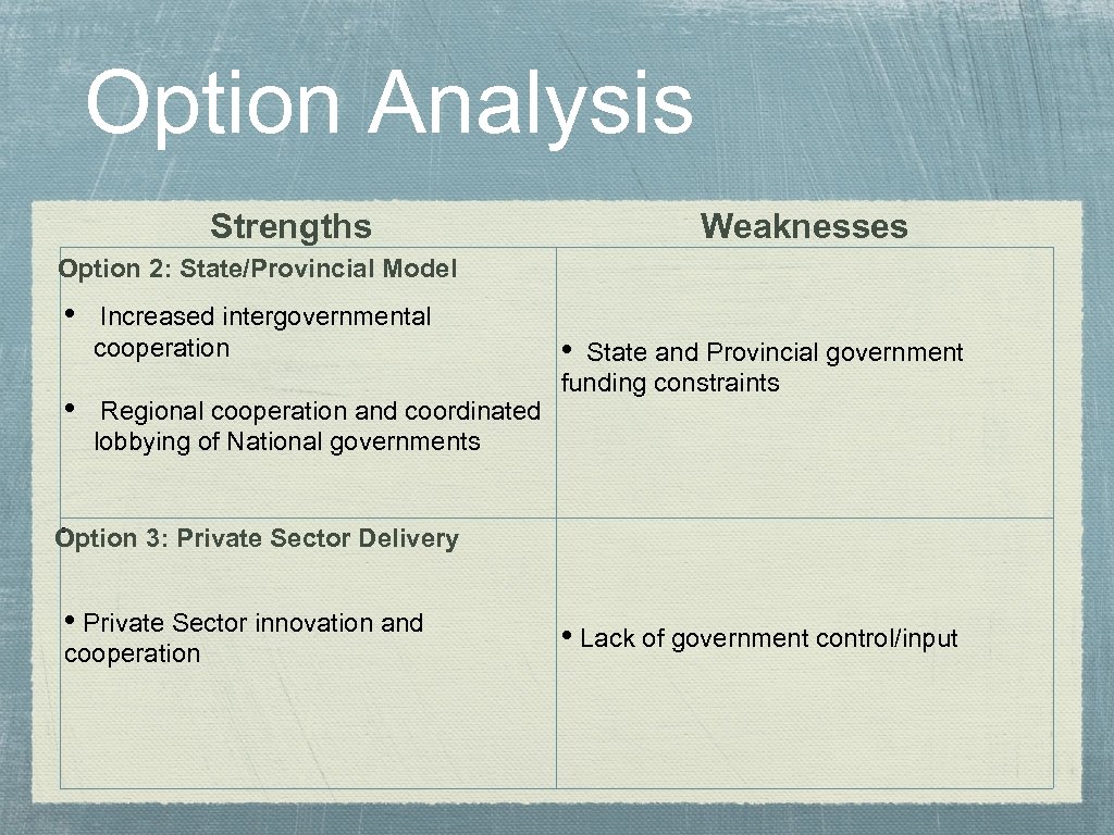  Option Analysis Strengths Option 2: State/Provincial Model • Increased intergovernmental cooperation • Regional