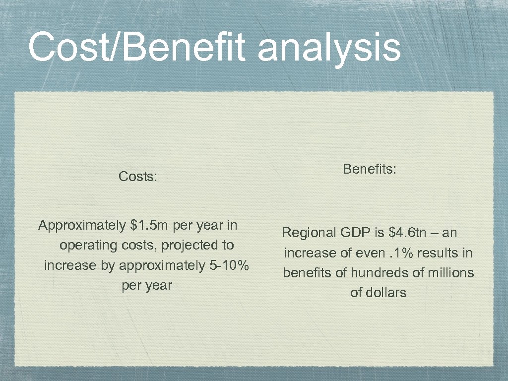 Cost/Benefit analysis Costs: Approximately $1. 5 m per year in operating costs, projected to