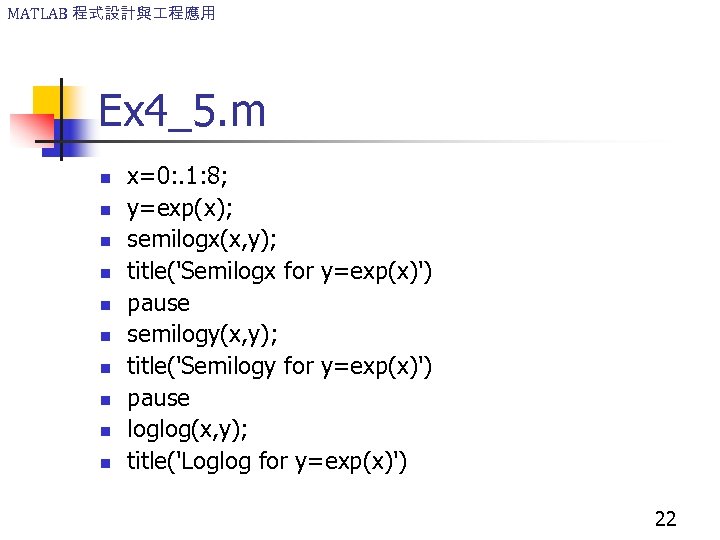 MATLAB 程式設計與 程應用 Ex 4_5. m n n n n n x=0: . 1: