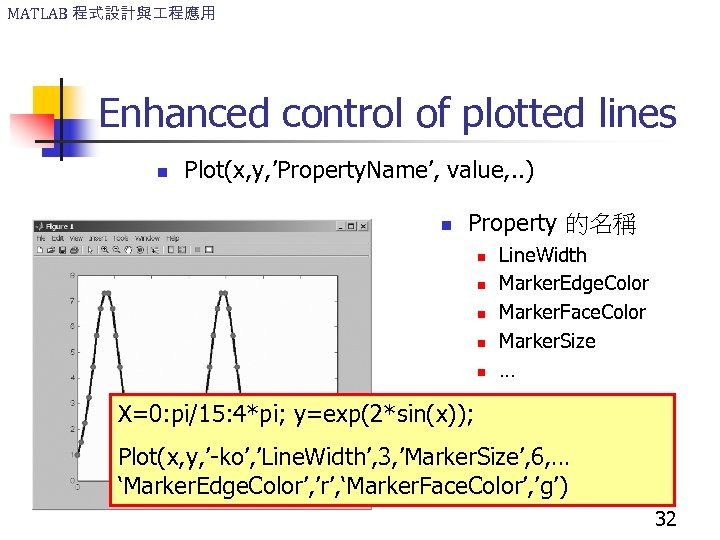 MATLAB 程式設計與 程應用 Enhanced control of plotted lines n Plot(x, y, ’Property. Name’, value,