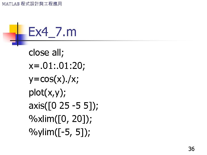 MATLAB 程式設計與 程應用 Ex 4_7. m close all; x=. 01: 20; y=cos(x). /x; plot(x,