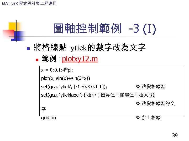 MATLAB 程式設計與 程應用 圖軸控制範例 -3 (I) n 將格線點 ytick的數字改為文字 n 範例： plotxy 12. m