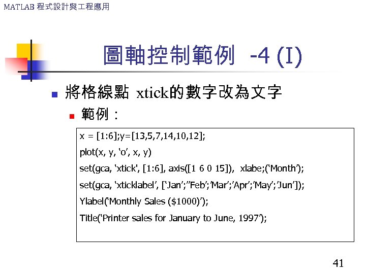 MATLAB 程式設計與 程應用 圖軸控制範例 -4 (I) n 將格線點 xtick的數字改為文字 n 範例： x = [1: