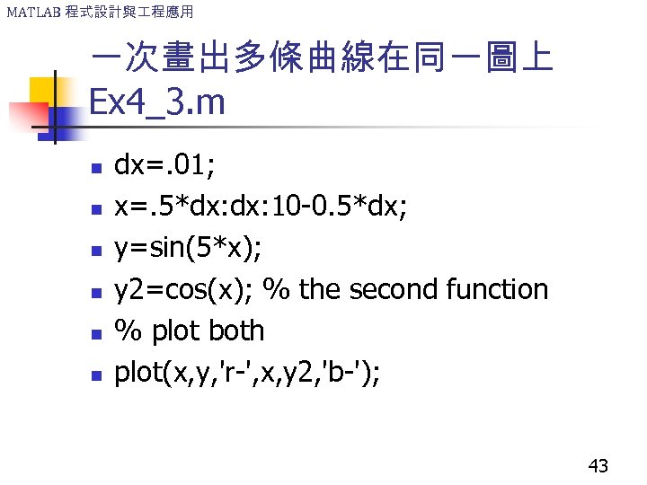 MATLAB 程式設計與 程應用 一次畫出多條曲線在同一圖上 Ex 4_3. m n n n dx=. 01; x=. 5*dx: