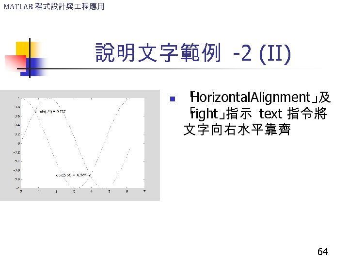 MATLAB 程式設計與 程應用 說明文字範例 -2 (II) n 「 Horizontal. Alignment」 及 「 right」 指示