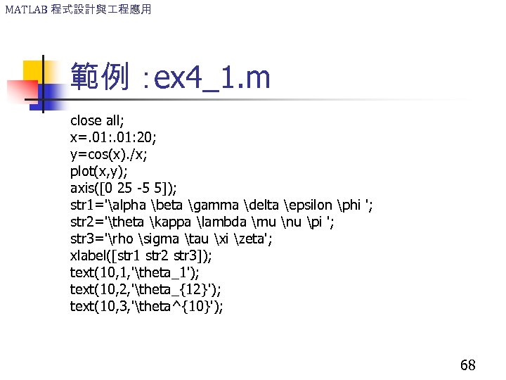 MATLAB 程式設計與 程應用 範例： ex 4_1. m close all; x=. 01: 20; y=cos(x). /x;