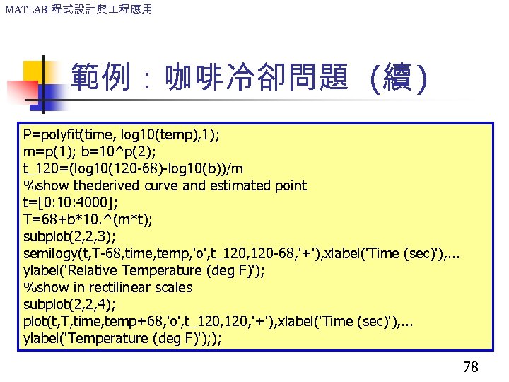 MATLAB 程式設計與 程應用 範例：咖啡冷卻問題 (續 ) P=polyfit(time, log 10(temp), 1); m=p(1); b=10^p(2); t_120=(log 10(120