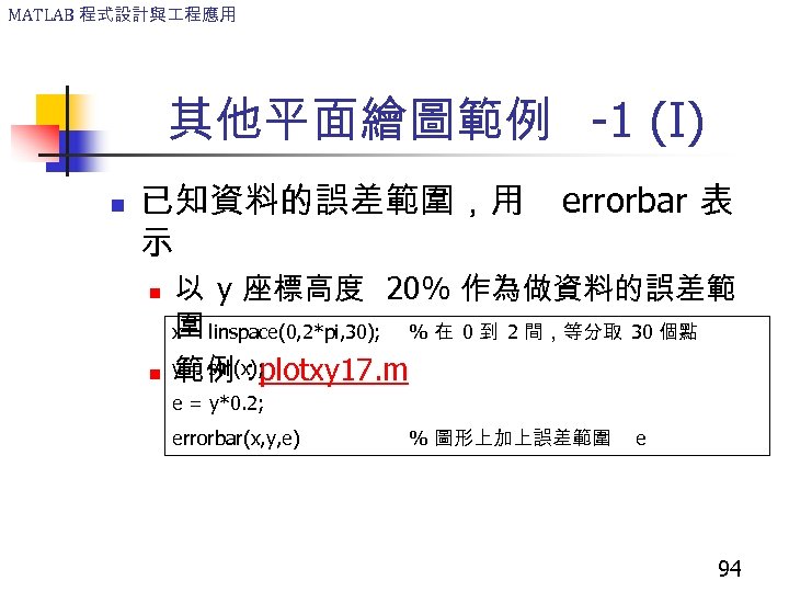 MATLAB 程式設計與 程應用 其他平面繪圖範例 -1 (I) n 已知資料的誤差範圍，用 示 n n errorbar 表 以