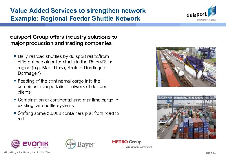 Value Added Services to strengthen network Example: Regional Feeder Shuttle Network duisport Group offers
