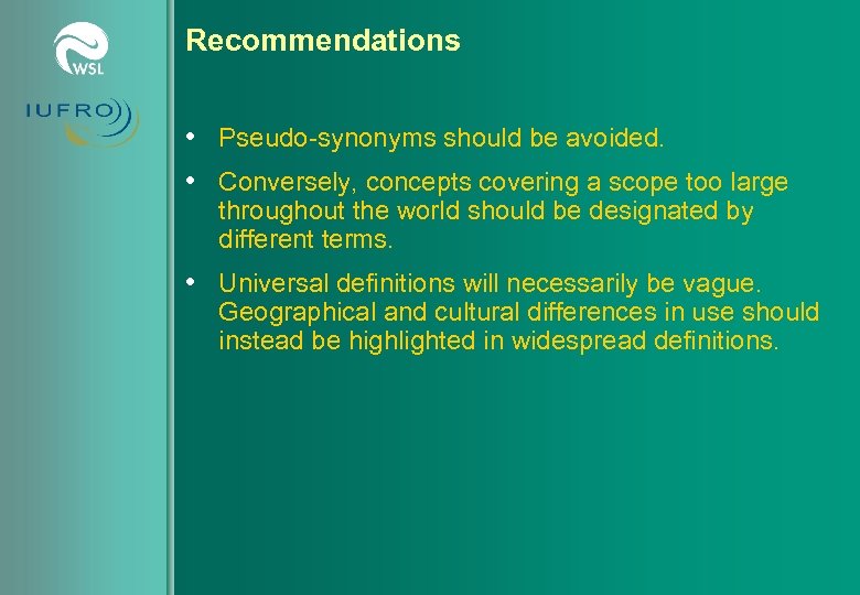 Recommendations • Pseudo-synonyms should be avoided. • Conversely, concepts covering a scope too large