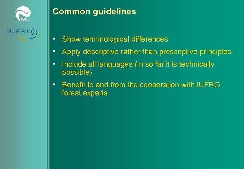 Common guidelines • Show terminological differences • Apply descriptive rather than prescriptive principles •