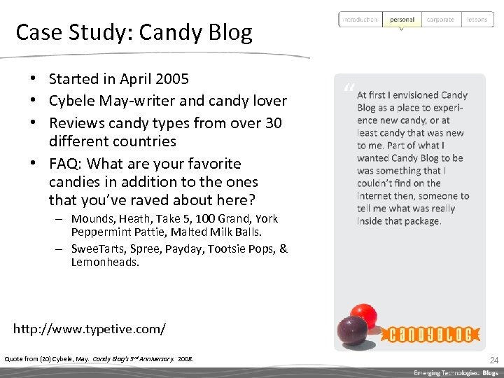 Case Study: Candy Blog • Started in April 2005 • Cybele May-writer and candy