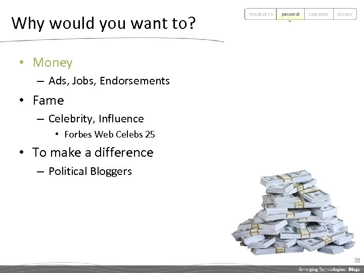 Why would you want to? • Money – Ads, Jobs, Endorsements • Fame –