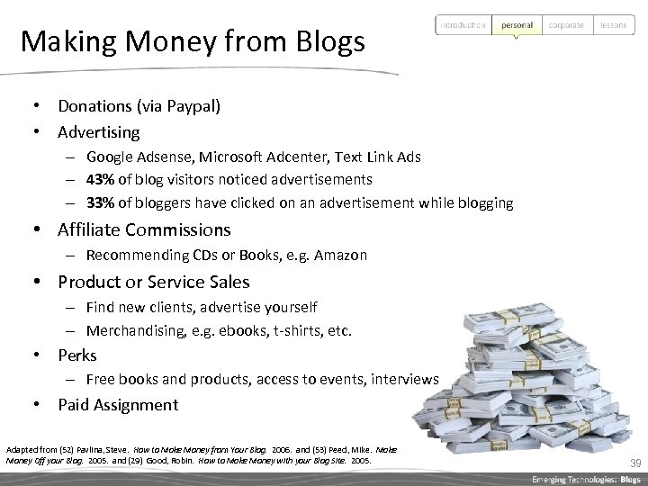 Making Money from Blogs • Donations (via Paypal) • Advertising – Google Adsense, Microsoft