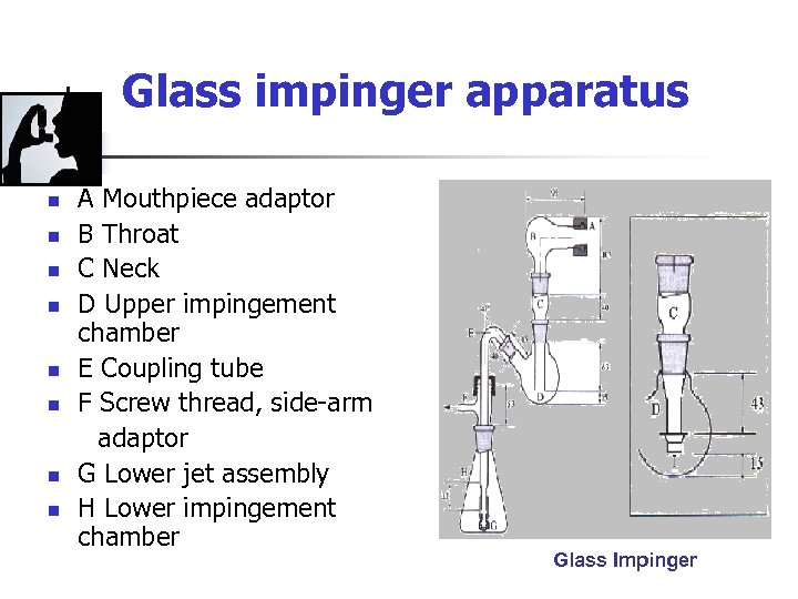 Glass impinger apparatus n n n n A Mouthpiece adaptor B Throat C Neck