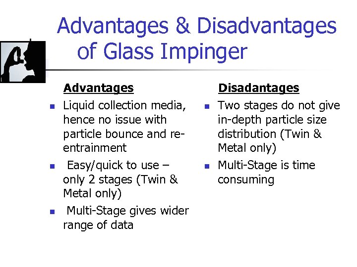 Advantages & Disadvantages of Glass Impinger n n n Advantages Liquid collection media, hence