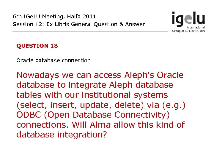 6 th IGe. LU Meeting, Haifa 2011 Session 12: Ex Libris General Question &