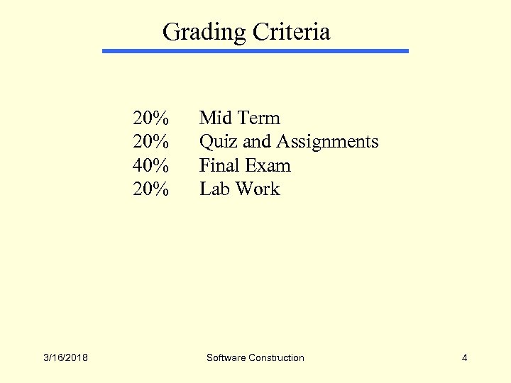 Grading Criteria 20% 40% 20% 3/16/2018 Mid Term Quiz and Assignments Final Exam Lab