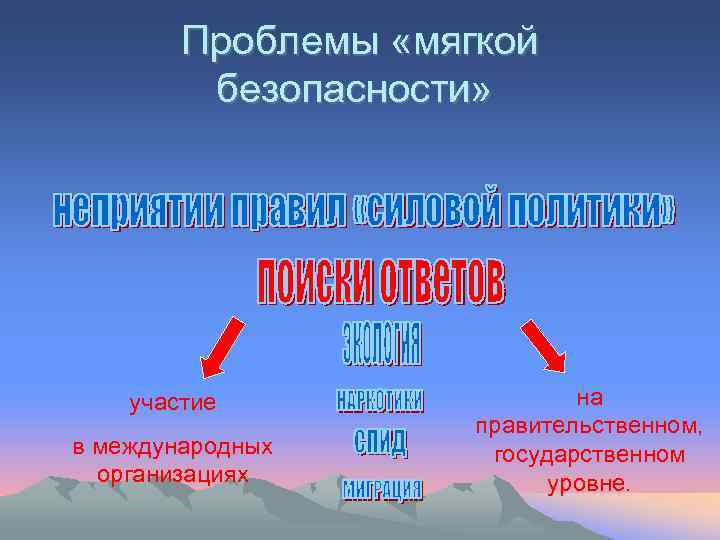 Проблемы «мягкой безопасности» участие в международных организациях на правительственном, государственном уровне. 