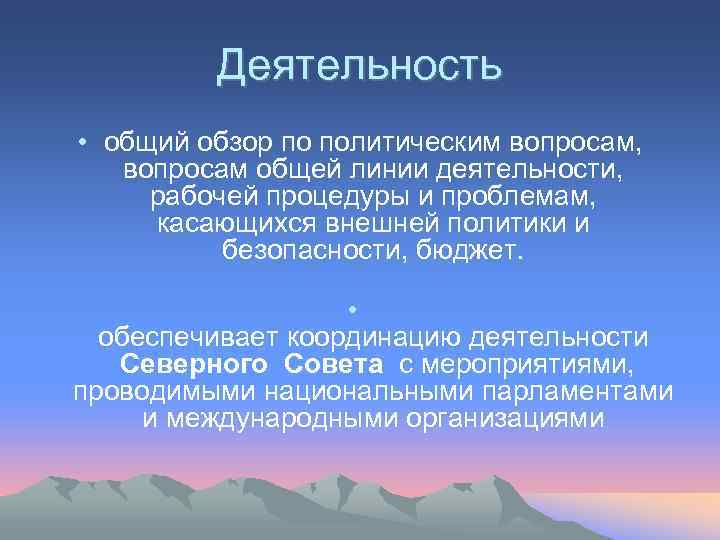 Деятельность • общий обзор по политическим вопросам, вопросам общей линии деятельности, рабочей процедуры и