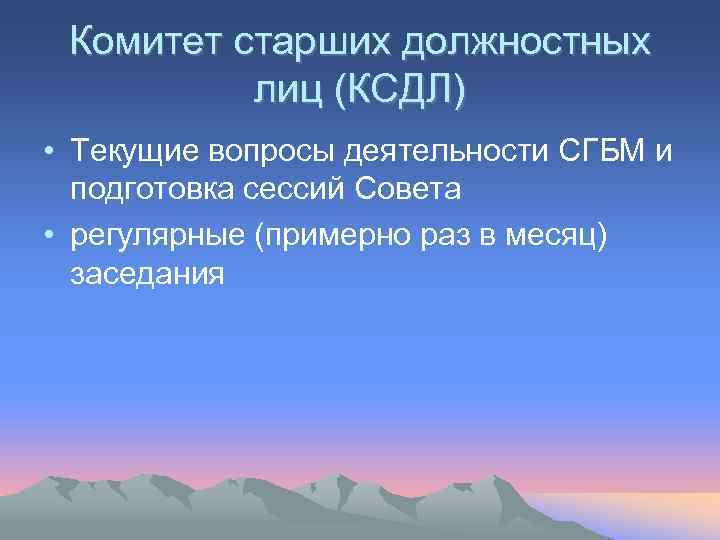 Комитет старших должностных лиц (КСДЛ) • Текущие вопросы деятельности СГБМ и подготовка сессий Совета