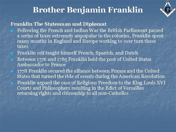 Brother Benjamin Franklin The Statesman and Diplomat n Following the French and Indian War