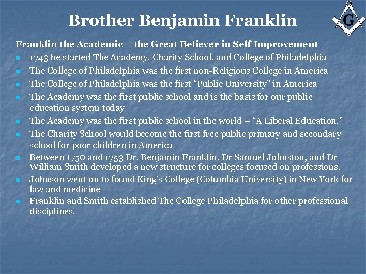 Brother Benjamin Franklin the Academic – the Great Believer in Self Improvement n 1743