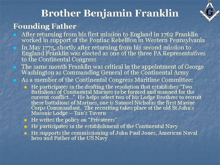 Brother Benjamin Franklin Founding Father n n After returning from his first mission to