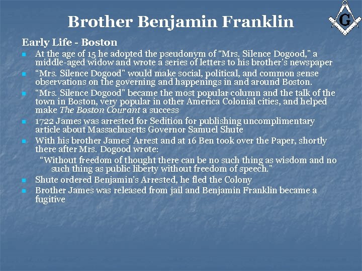 Brother Benjamin Franklin Early Life - Boston n n n At the age of