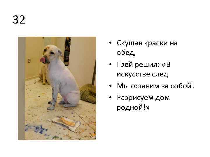 32 • Скушав краски на обед, • Грей решил: «В искусстве след • Мы
