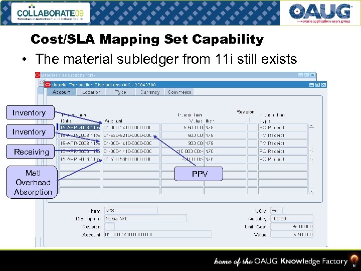 Cost/SLA Mapping Set Capability • The material subledger from 11 i still exists Inventory