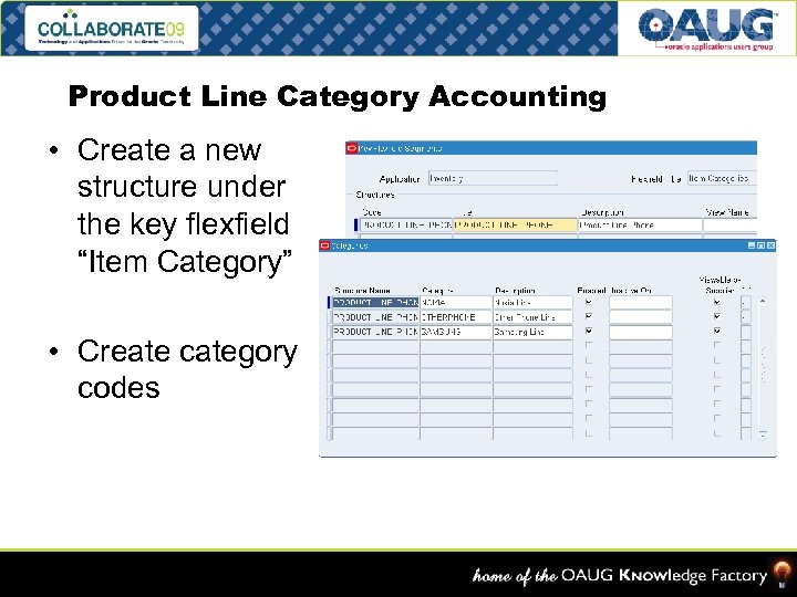 Product Line Category Accounting • Create a new structure under the key flexfield “Item