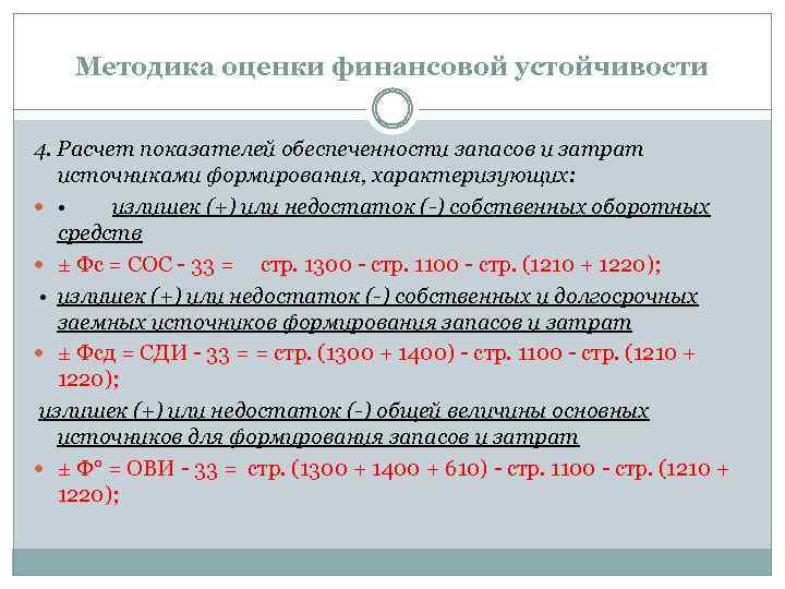 Методика оценки финансовой устойчивости 4. Расчет показателей обеспеченности запасов и затрат источниками формирования, характеризующих: