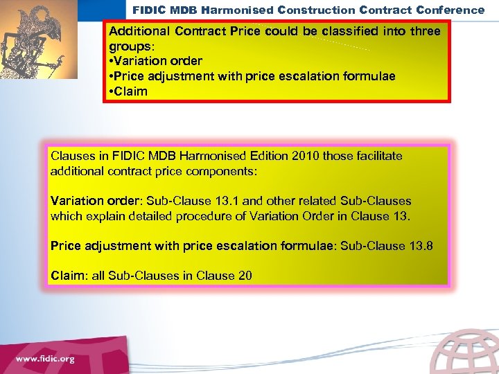 FIDIC MDB Harmonised Construction Contract Conference Additional Contract Price could be classified into three
