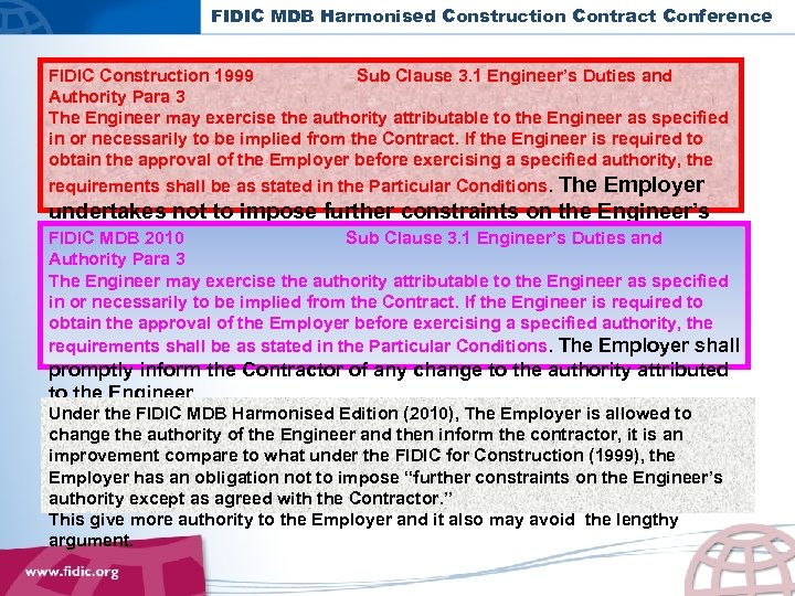 FIDIC MDB Harmonised Construction Contract Conference FIDIC Construction 1999 Sub Clause 3. 1 Engineer’s