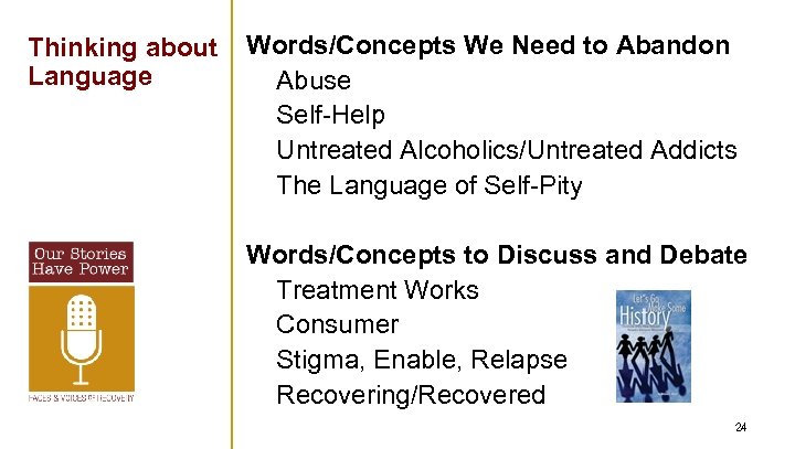 Thinking about Language Words/Concepts We Need to Abandon Abuse Self-Help Untreated Alcoholics/Untreated Addicts The